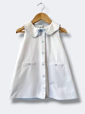 Edgehill Collection Baby Dress White Blue Trim Scallop Collar Mod A Line Button